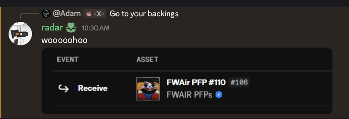 A Discord message from user "radar" celebrates the FWAir PFP launch, showing that user @Adam has received "FWAir PFP #110 #106" (FWAir PFPs) at 10:30 AM, marking the exit of all FWAir PFPs from the FWA pool. The image visually confirms the post's claim that all FWAir PFPs have been distributed to backers after exiting the pool.