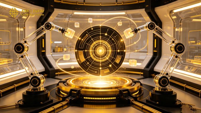 The image showcases a futuristic, golden-lit AI hub featuring two robotic arms flanking a glowing holographic interface with concentric data rings, symbolizing Arkie AI's advanced automation infrastructure. The text "ARK | DEFAI — Code the Future" appears in the upper left, reinforcing the post's message about building scalable, precision-driven AI agent capabilities rather than chasing hype.