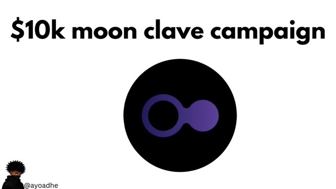 An image featuring the text "$10k moon clave campaign" above a black circle containing a purple glasses logo, with the handle "@ayoadhe" in the bottom left corner, promoting the $10k reward pool campaign for active community members of Moon Clave.
