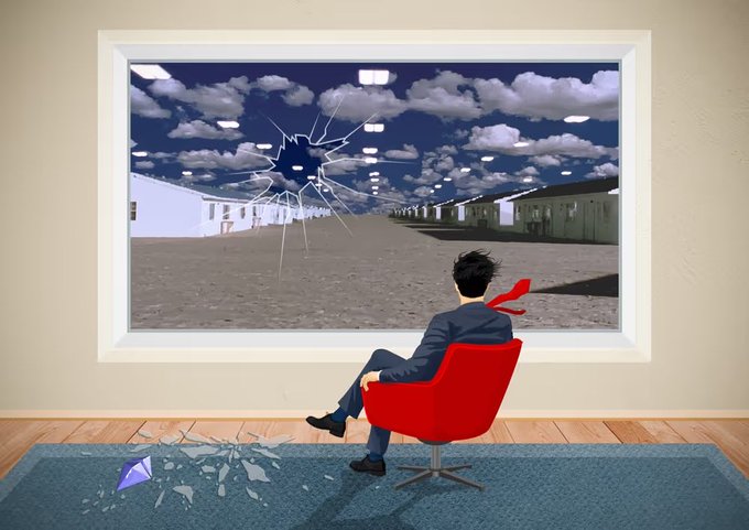 A surreal illustration of a man in a suit sitting in a red chair, looking at a shattered window that reveals a virtual landscape with clouds and buildings."