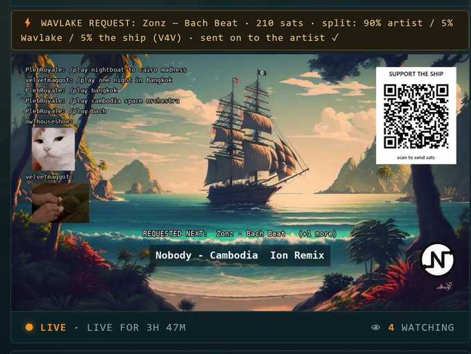 A live stream interface titled 'The Ship' showing a pirate ship scene with a 'WAVLAKE REQUEST' notification for 'Zonz - Bach Beat' and a chat overlay with a cat avatar.