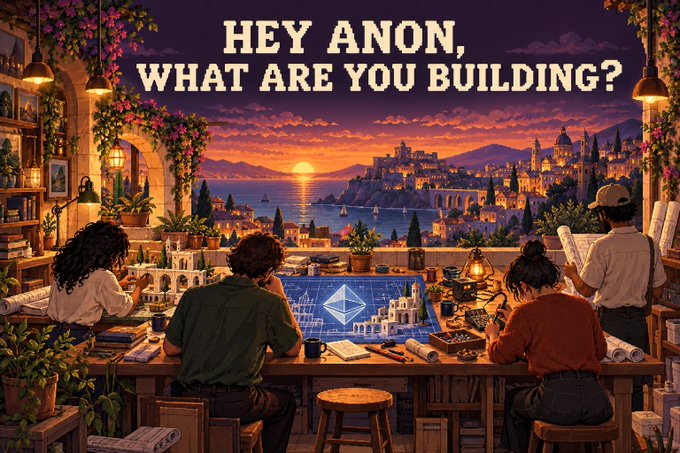Pixel art illustration depicting four people working at a desk with blueprints and tools, overlooking a sunset cityscape by the sea, with the text 'HEY ANON, WHAT ARE YOU BUILDING?' and an Ethereum logo on the screen.