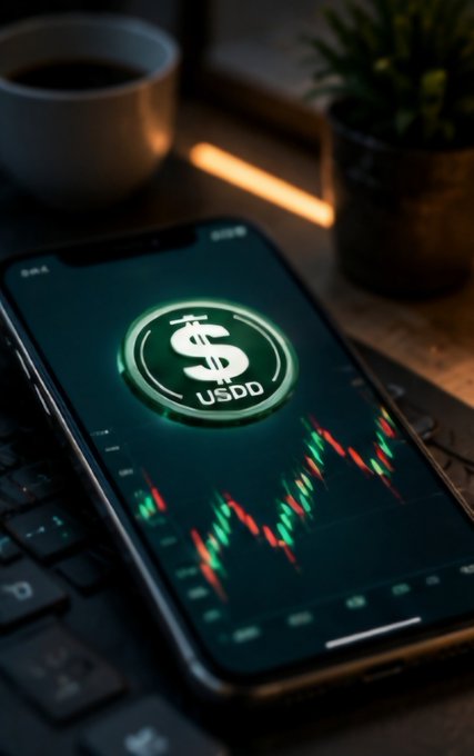 A smartphone displaying a cryptocurrency app with a USDD token logo and a candlestick chart showing price movements.