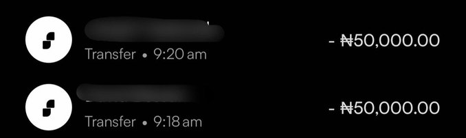 The image shows a mobile banking transaction history displaying two transfers of ₦50,000.00 each, sent at 9:18 am and 9:20 am from sender profiles that have been blurred for privacy. This appears to celebrate a significant transaction totaling ₦100,000, likely congratulating the users mentioned (@jegax_ and @iwilljeet) on a financial milestone or successful money transfer.