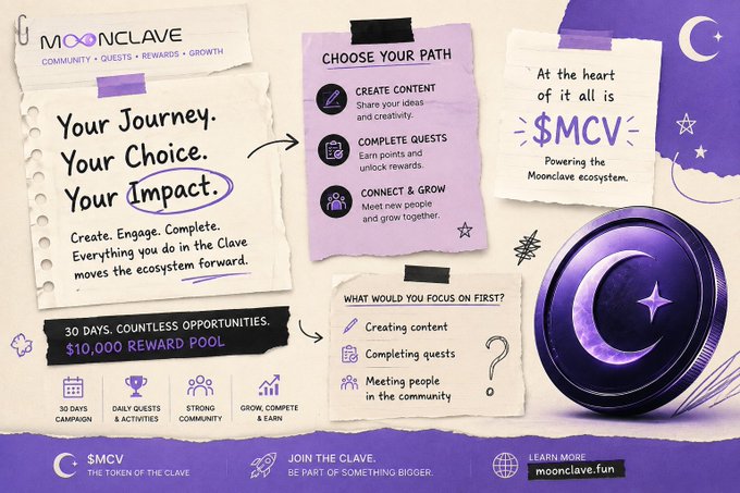 A promotional graphic for Moonclave featuring the text 'Your Journey. Your Choice. Your Impact.' along with details about $MCV, quests, and a $10,000 reward pool.