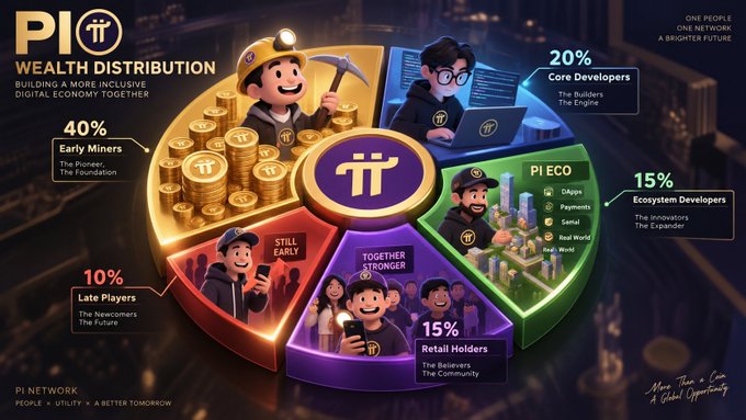 The image is an infographic detailing Pi Network's wealth distribution, highlighting "Early Miners" at 40%, "Core Developers" at 20%, "Ecosystem Developers" at 15%, "Retail Holders" at 15%, and "Late Players" at 10%. It visually supports the post's message by emphasizing that early participants—like the "Early Miners" who receive the largest share (40%)—stand to gain the most wealth, reinforcing the idea that early followers of a public chain become the primary beneficiaries of its market growth.