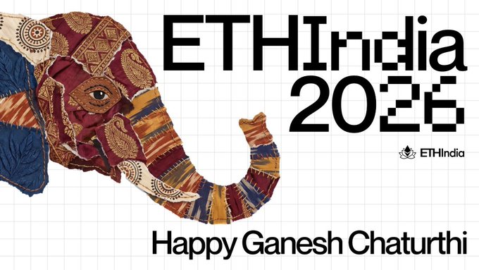 An ETHIndia 2025 promotional graphic features an elephant decorated with colorful traditional fabric patterns alongside the text 'Happy Ganesh Chaturthi'.