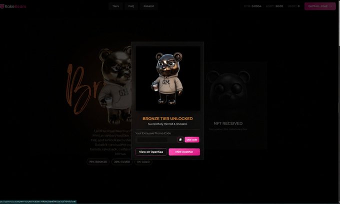 A screenshot of the RakeBears NFT minting website shows a "Bronze Tier Unlocked" confirmation popup over a background featuring a bear character in a "GB" hoodie, displaying the promo code redemption interface with "View on OpenSea" and "Mint Another" buttons, corresponding to the post about receiving Bronze tier with rakeback and cashback perks.