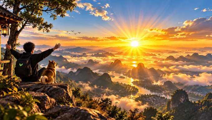 An anime-style illustration of a boy with a backpack and a Shiba Inu dog sitting on a rocky cliff, arms raised in awe as they watch a radiant golden sunrise over a vast landscape of misty mountains and lakes.