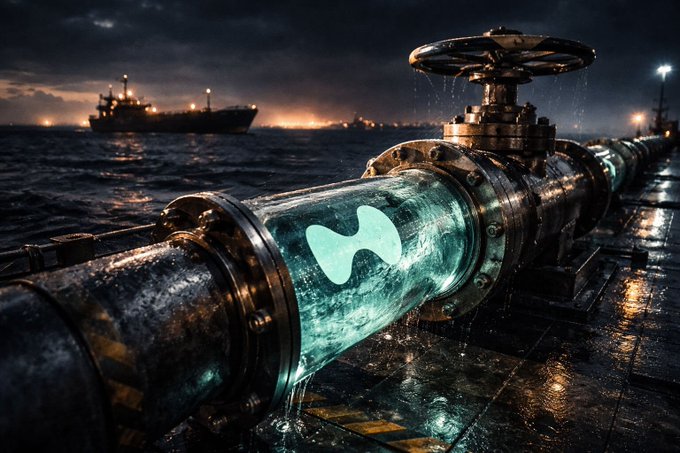 Cinematic night scene showing a glowing teal liquid flowing through a large industrial pipe with a valve wheel, with a ship visible in the background on dark waters.