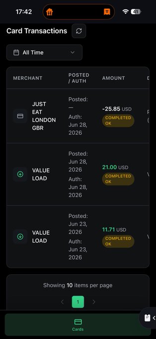 Mobile screenshot of card transactions showing a -25.85 USD charge at Just Eat London GBR and two Value Load deposits of 21.00 USD and 11.71 USD, all marked as Completed OK.