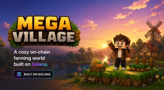 A promotional image for "Mega Village," described as "A cozy on-chain farming world built on Solana," featuring a blocky character waving from a grassy cliff beside crops and a windmill at sunset, with a "BUILT ON SOLANA" badge—aligning with the announcement that Mega Village is now live to play at megavillage.xyz.
