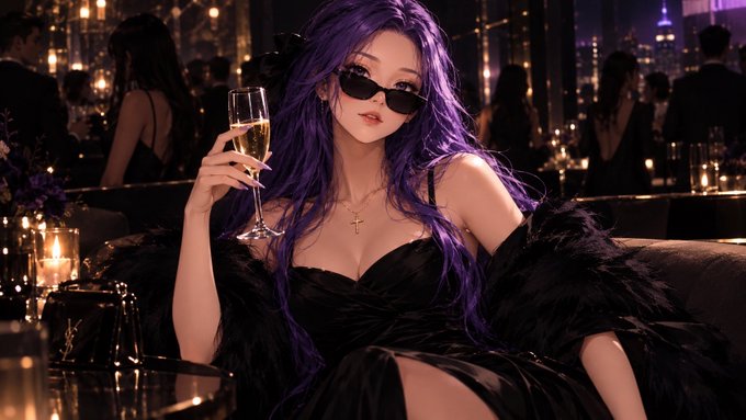 A stylized image shows a woman with long purple hair wearing dark sunglasses and a black dress with feathered sleeves, holding a champagne glass at what appears to be an upscale evening event.