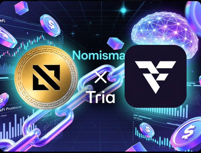 A promotional graphic showing a partnership between Nomisma and Tria, featuring cryptocurrency coins, chains, and a glowing digital brain.