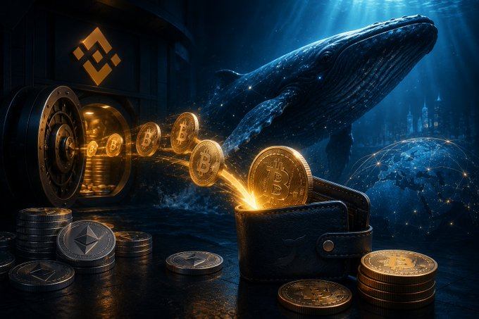 A massive whale emerges from the depths beside a vault and glowing digital network, with golden Bitcoin coins streaming out of a Binance locker and spilling into a leather wallet, visually echoing the post's report of a whale withdrawing 120 WBTC (~$7.8M) and accumulating 59,400 ETH plus 820 WBTC worth roughly $156M.