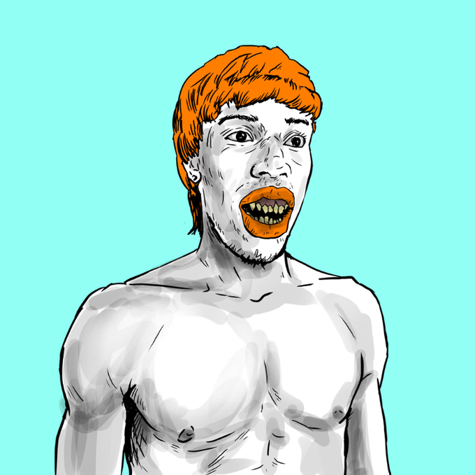 Stylized illustration of a shirtless man with orange hair, an orange mustache, and yellowed teeth displaying a shocked expression against a teal background.