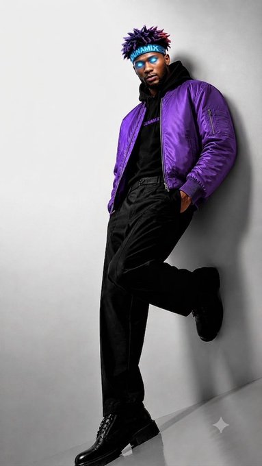 A stylized photo of a person with purple-tipped dreadlocks wearing a purple bomber jacket, black hoodie, and black pants with combat boots, posing against a plain wall while wearing blue reflective sunglasses with 'FORTNITE' on the headband.