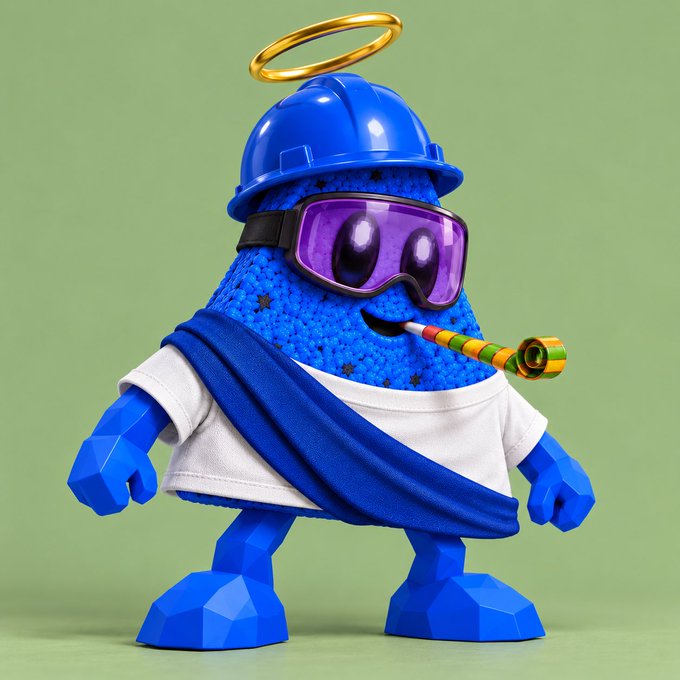 A 3D-rendered blue character with a textured body wearing a hard hat with a golden halo, purple ski goggles, a white t-shirt, and a blue sash, holding a party horn.