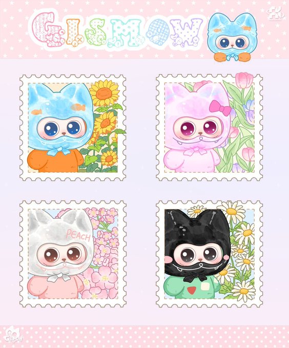 A collection of four kawaii-style cat character designs in different colors (blue, pink, gray, black) styled as postage stamps with floral backgrounds and the 'CLSMO' logo.