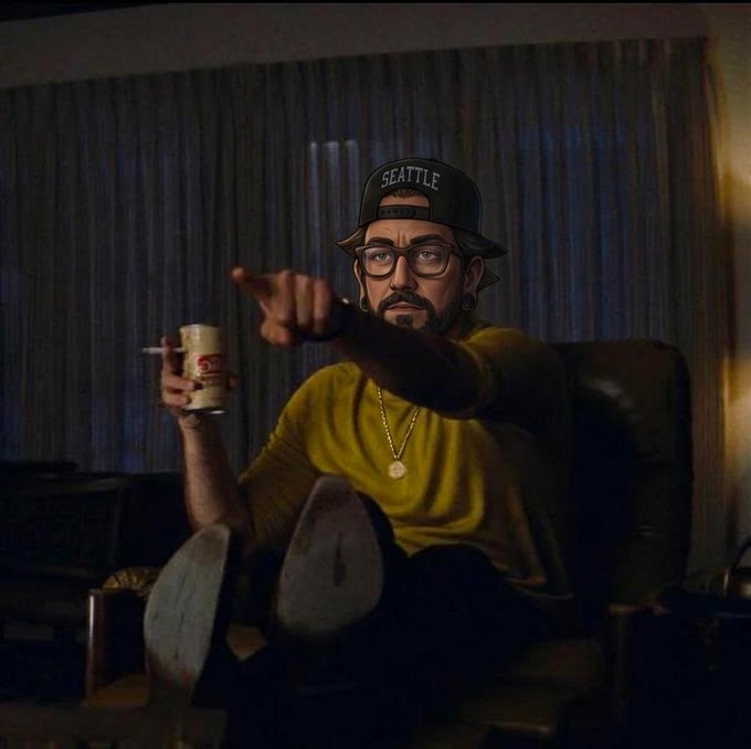 The caption: A man wearing a "SEATTLE" cap and glasses lounges in a chair, pointing dramatically while holding a cigarette and a beer can, his feet propped up—exuding the confident, carefree energy reflected in the post's mocking caption comparing himself to "two wolves" of chaotic behavior.