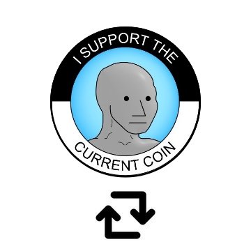 A circular badge logo featuring a gray figure with text 'I SUPPORT THE CURRENT COIN' around it.