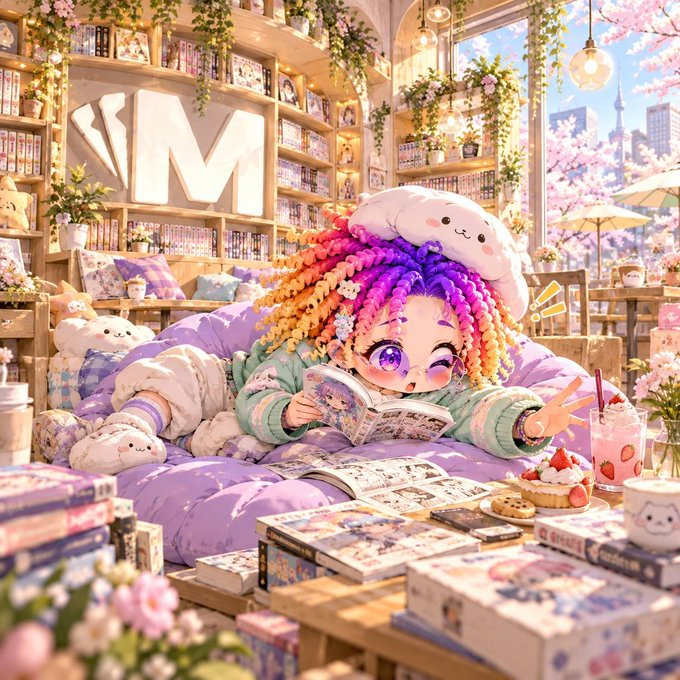 A colorful anime-style illustration of a cheerful character with rainbow-colored dreadlocks reading manga in a cozy, plant-filled cafe or bookstore filled with plush toys and sweets.