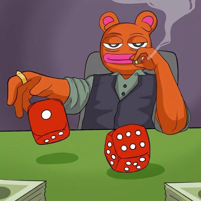 urn of gold coins, a red dice with white dots, and a pink-faced cartoon bear holding a cigar are arranged on a green tablecloth.