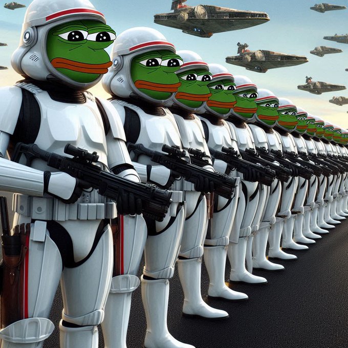 A surreal image of a line of Pepe the Frog characters dressed as Clone Troopers from Star Wars, holding blaster rifles in formation, with Star Destroyers visible in the sky behind them.