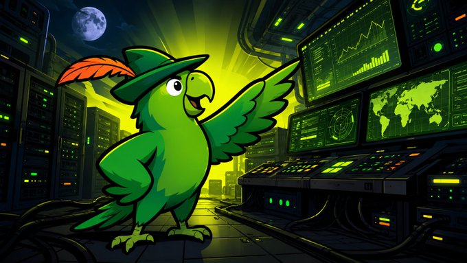 A digital illustration of a green parrot wearing a green hat with an orange feather, standing in a server room with monitors displaying graphs, a world map, and a moon visible outside.