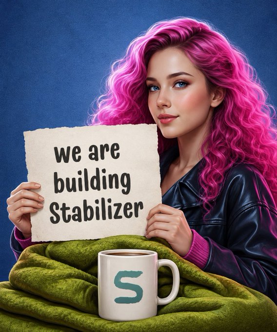 A digital illustration of a woman with vibrant pink curly hair holding a sign that reads 'we are building Stabilizer', with a white mug bearing a green 'S' logo on a green blanket in front of her.