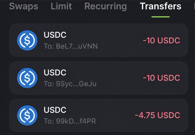 A screenshot of a cryptocurrency wallet's 'Transfers' tab showing three outbound USDC transactions of -10 USDC, -10 USDC, and -4.75 USDC to different wallet addresses.