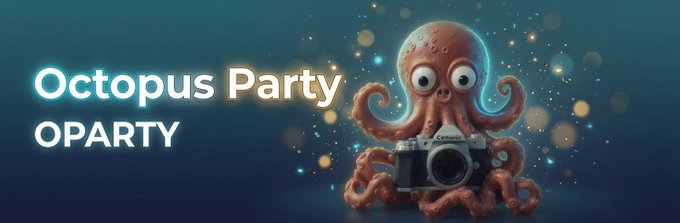 A whimsical cartoon octopus holds a Canon camera surrounded by sparkles, with the text "Octopus Party" and "OPARTY" displayed — playfully referencing the token ticker OPARTY from the accompanying buy link.