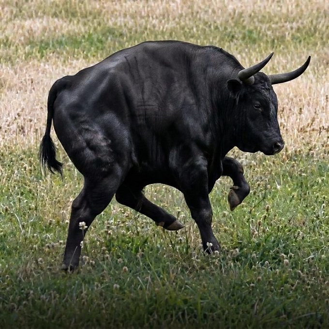 A black bull with a stocky build and prominent curved horns trots through a grassy field. The image complements the post's playful introduction of "Bullothy," capturing the endearing bovine's spirited energy despite its compact stature.