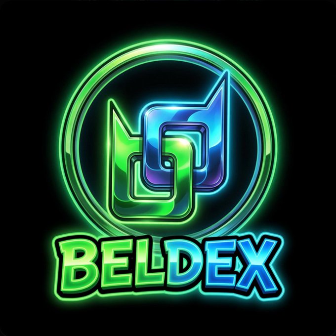 A neon-styled digital logo features green and blue interlocking shapes inside a circle with 'BELDEX' text in bright green and blue.