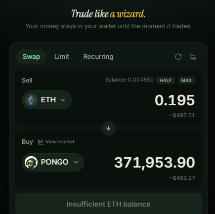 A dark-themed DEX trading interface shows a swap of 0.195 ETH (~$487.51) for 371,953.90 PONGO tokens (~$489.27), though it displays an "Insufficient ETH balance" error at the bottom. The image visually supports the post's claim about executing a $487 ETH-to-PONGO trade on Mancer, highlighting the platform's favorable exchange rates compared to alternatives.
