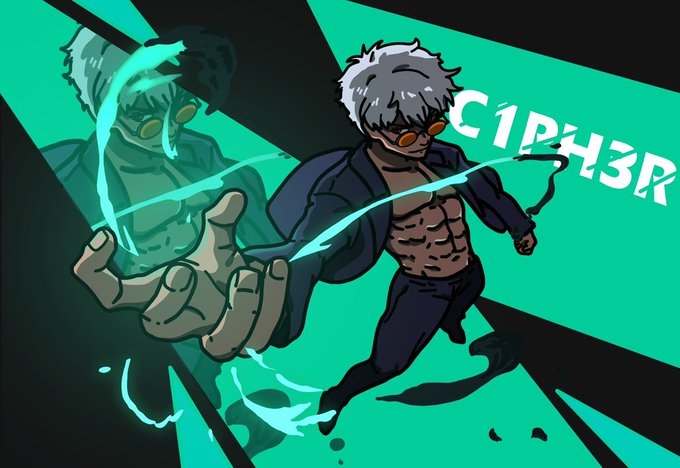 Anime-style digital illustration of a silver-haired character in sunglasses with glowing cyan energy effects, labeled 'C1PH3R'.
