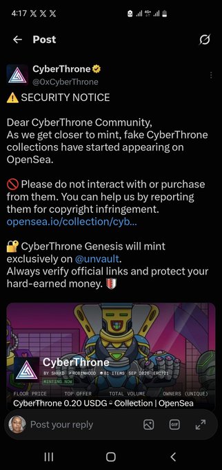 A Twitter post from CyberThrone (@OxCyberThrone) warning the community about fake CyberThrone collections appearing on OpenSea and advising to report them for copyright infringement.