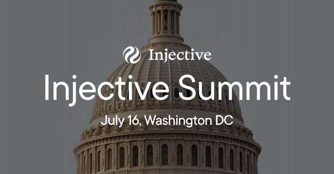 A promotional graphic for the "Injective Summit" dated July 16, Washington DC, featuring the dome of the U.S. Capitol building.