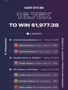 The image displays a Polymarket sports betting slip showing a $117.99 entry across 6 MLB and NFL markets for a chance to win $1,977.38 at 16.76x odds, featuring player props like Gabriel Moreno (2+ hits + runs, 66%), Geraldo Perdomo (2+ hits + runs, 61%), Yordan Alvarez (2+ hits + runs + RBI, 55%), Jordan Love (2+ passing TDs, 51%), Christian Watson (70+ receiving yards, 49%), and Drake London (60+ receiving yards, 58%). This promotional graphic supports the post's call to action, highlighting a high-multiplier MLB/NFL parlay trade shared as part of a referral partnership for Polymarket US, where new users depositing $10+ can claim $50 with the code JD50.