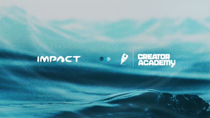 A turquoise ocean-wave banner displays the logos and text “IMPACT” and “CREATOR ACADEMY” beside a pen-nib icon. It visually supports the announced partnership between Impact Labs and Creators Academy to connect more people, projects, and opportunities in Web3.
