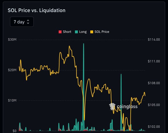 A 7-day SOL Price vs. Liquidation chart from Coinglass shows Solana's price declining from around $112 toward $102, accompanied by prominent long liquidation spikes (in teal) reaching nearly $30M, visually confirming the sustained selling pressure and leveraged long unwinds described in the post.
