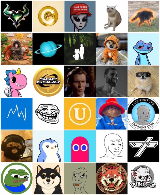 A grid collage of 30 images featuring a mix of internet memes, cryptocurrency logos (including 'SSP 6000'), cartoon characters like My Little Pony, cryptocurrency mascots, and cat pictures.
