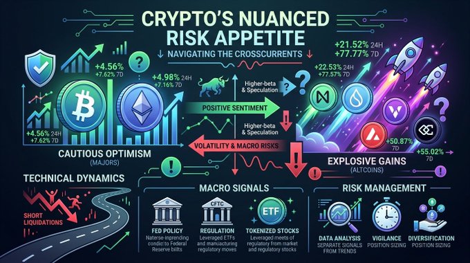 An infographic titled 'CRYPTO'S NUANCED RISK APPETITE: NAVIGATING THE CROSSCURRENTS' showing market data for major coins like Bitcoin and Ethereum with percentages (e.g., +4.56%, +4.98%), discussing cautious optimism, technical dynamics, macro signals, and risk management.