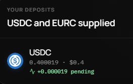 A mobile app screen displays 'YOUR DEPOSITS' showing 'USDC and EURC supplied', with a USDC balance of 0.400019 (~$6.4) and a pending +0.000019 transaction.