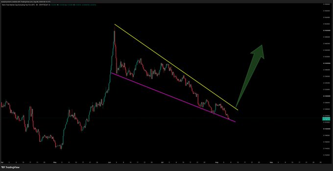 A candlestick chart shows the OTHERS/BTC trading pair forming a falling wedge pattern, bounded by a yellow upper trendline and a purple lower trendline, with a green arrow indicating a projected bullish breakout above the wedge's resistance.