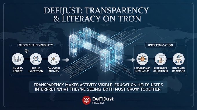 An infographic for 'DeFiJust Project' illustrates 'Transparency & Literacy on Tron' through 'Blockchain Visibility' and 'User Education' flowcharts.