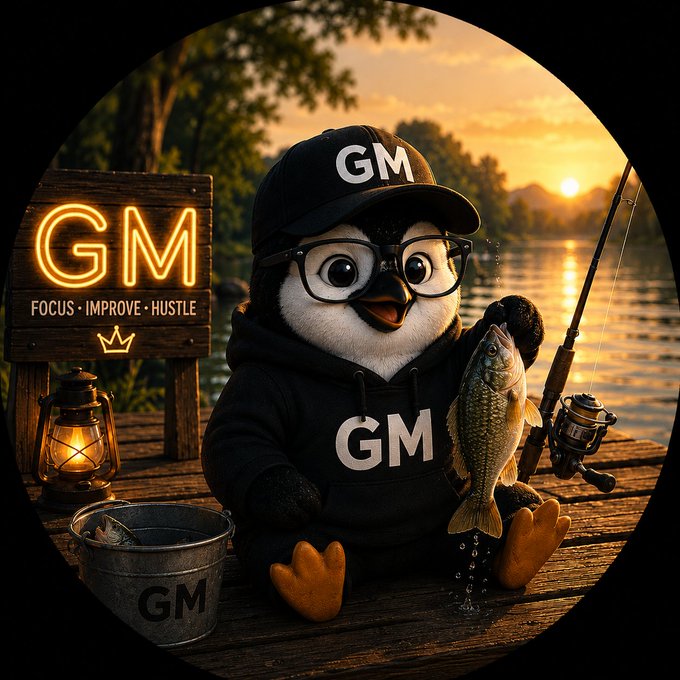 The image features a penguin wearing glasses and a black hoodie sitting on a dock with a fish in its beak, surrounded by various objects such as a bucket, lantern, and sign that reads "Gm" or "focus". The penguin is positioned near a wooden dock, which adds to the overall atmosphere of the scene. The image also contains text that says "FIH_USD1", possibly indicating an association with the Fisherman's Institute for Sustainable Fishing (FIH). This suggests that the penguin might be promoting sustainable fishing practices or raising awareness about environmental issues related to fishing activities.