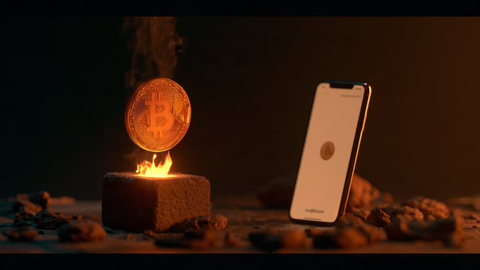A golden Bitcoin coin floating above a small stone fire pit next to a smartphone displaying an authentication code on its screen, set in a dark atmospheric environment.