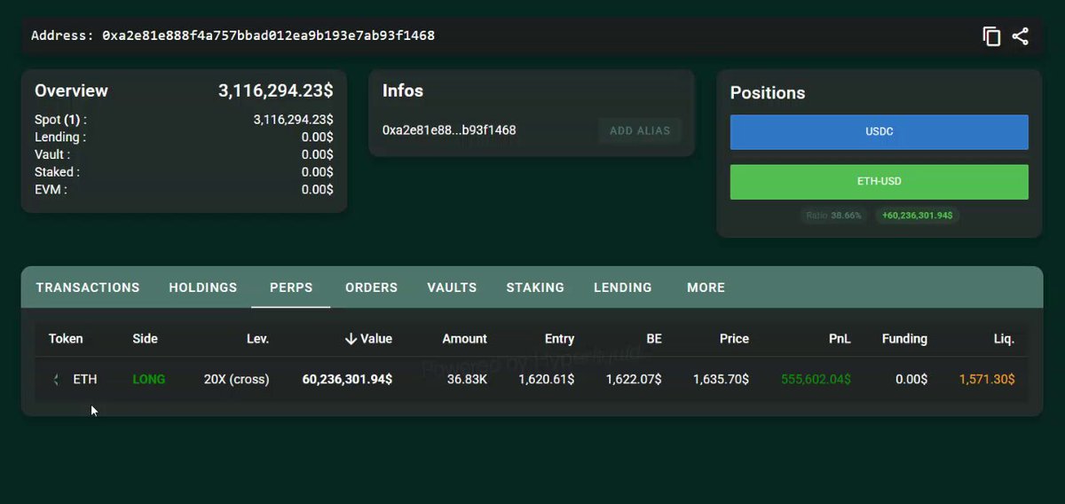 The image shows a screen displaying information about a wallet that was just opened, with an $60M position available at Liquidation Liquidation Level 20x leverage on HyperLiquid using 20x leverage on HyperVolume. The position is currently long and open, indicating that users have started investing in this particular wallet.