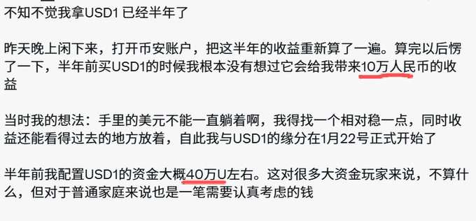 A Chinese-language post about a user's half-year experience investing in USD1, mentioning yields of 100,000 RMB and a configuration of approximately 400,000 USD.